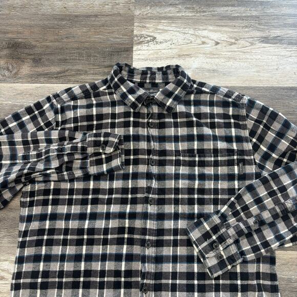 Eddie Bauer Black White Tartan Plaid Mens L Long‎ Sleeve Button Up Flannel Shirt - Picture 1 of 9